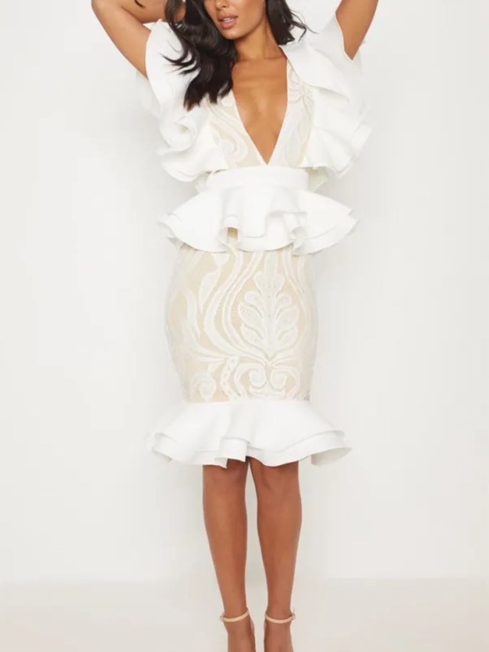 NWOT PrettyLittleThing White Ruffle Peplum Deep V Midi Dress